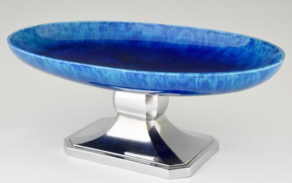 Art Deco blue ceramic and chrome fruit dish