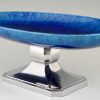 Art Deco blue ceramic and chrome fruit dish