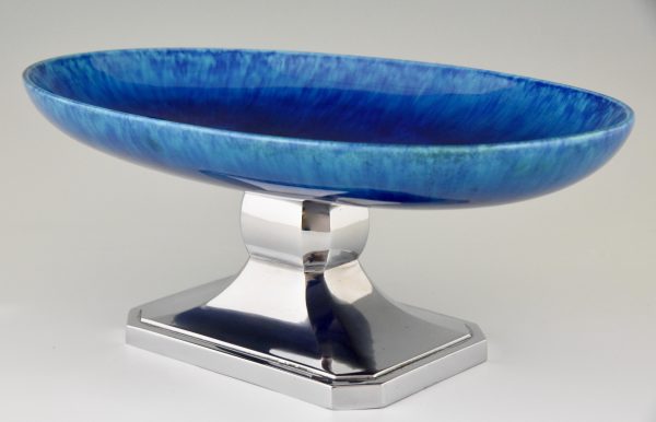 Art Deco blue ceramic and chrome fruit dish