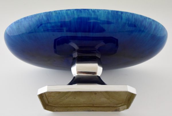 Art Deco blue ceramic and chrome fruit dish