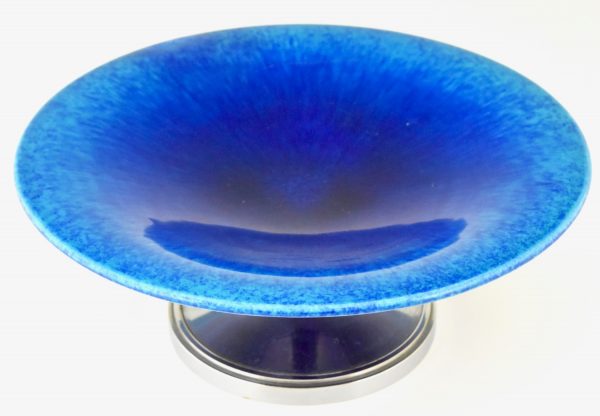 Art Deco blaue Keramik und Chrom Obstschale