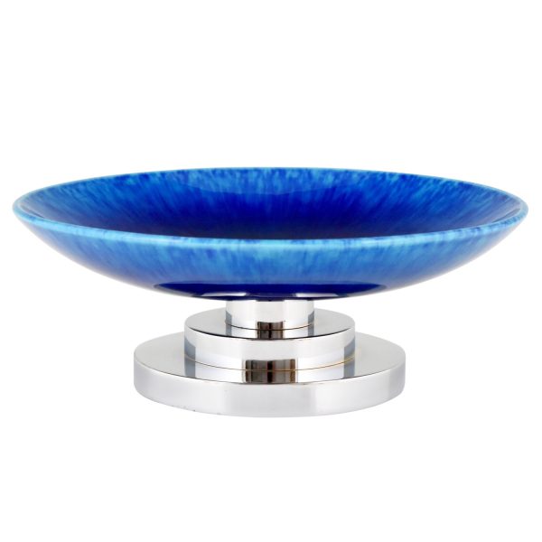 Art Deco blue circular ceramic and chrome fruit dish