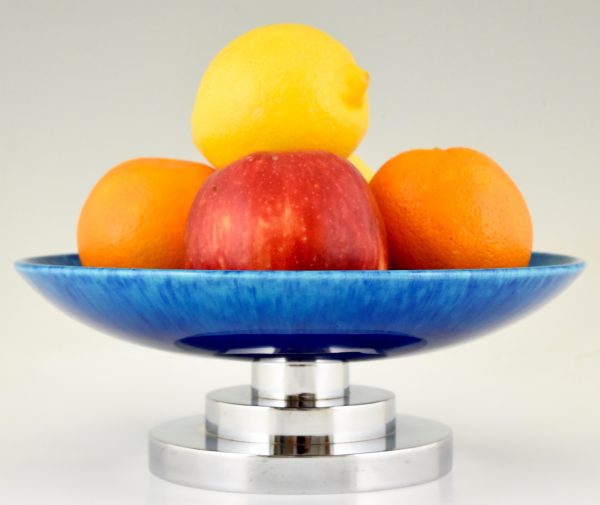 Art Deco blue circular ceramic and chrome fruit dish