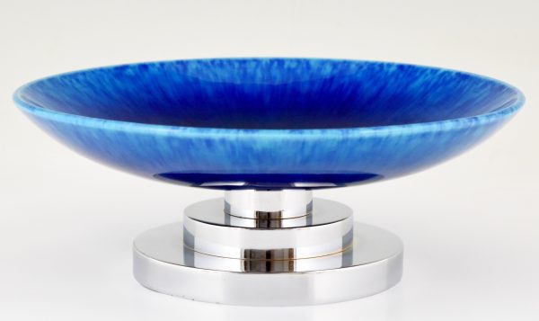 Art Deco blue circular ceramic and chrome fruit dish