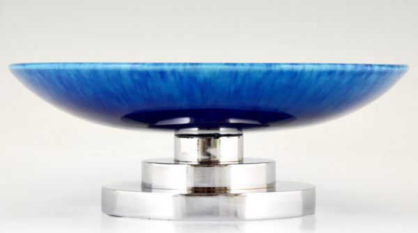 Art Deco blue circular ceramic and chrome fruit dish