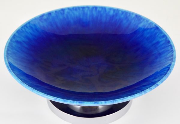 Art Deco blue circular ceramic and chrome fruit dish