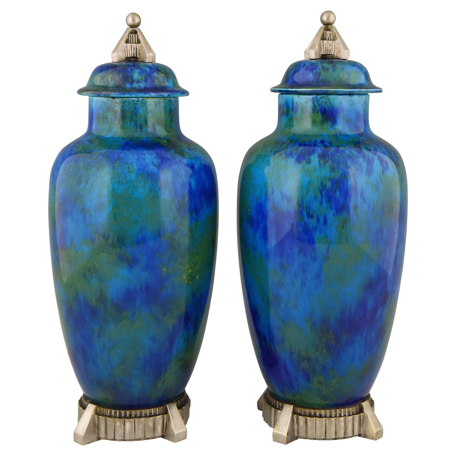 Art Deco pair of ceramic vases urns with blue glaze  