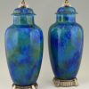 Art Deco pair of ceramic vases urns with blue glaze  