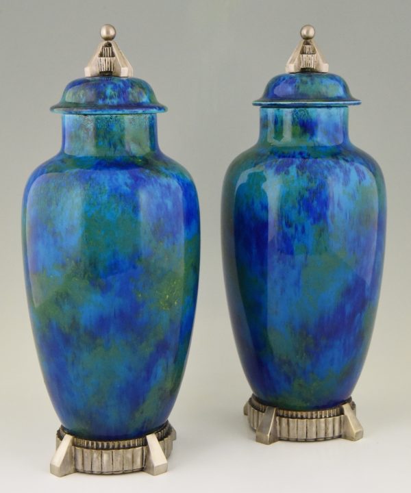 Art Deco pair of ceramic vases urns with blue glaze  