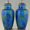 Art Deco pair of ceramic vases urns with blue glaze  