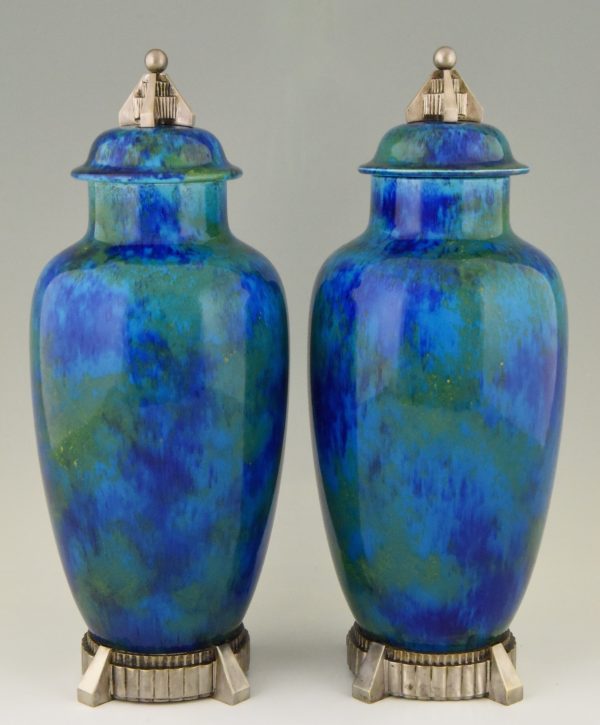 Art Deco pair of ceramic vases urns with blue glaze  