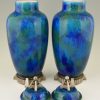 Art Deco pair of ceramic vases urns with blue glaze  