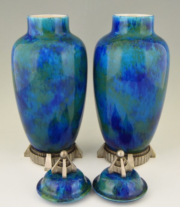 Art Deco pair of ceramic vases urns with blue glaze  