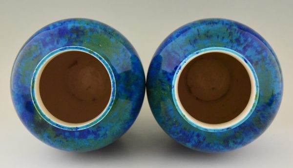 Art Deco pair of ceramic vases urns with blue glaze  