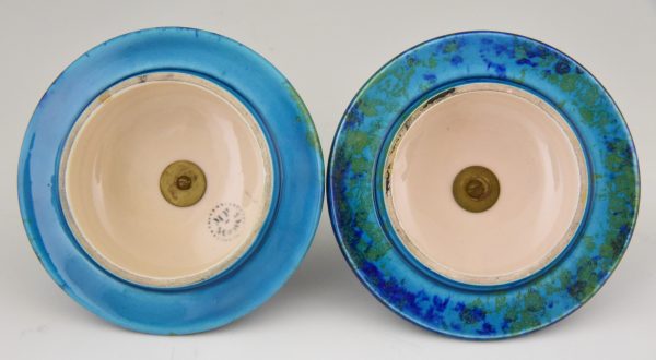 Art Deco pair of ceramic vases urns with blue glaze  