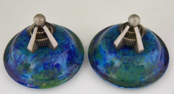 Art Deco pair of ceramic vases urns with blue glaze  