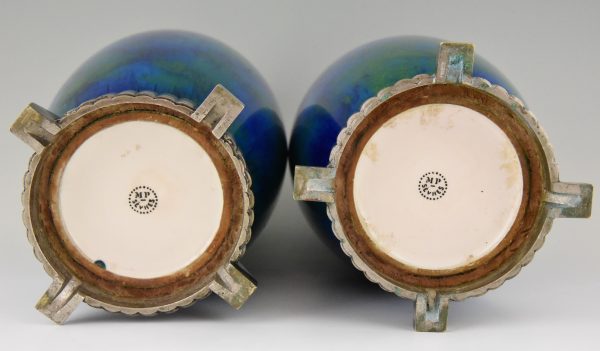 Art Deco pair of ceramic vases urns with blue glaze  