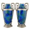 Pair Art Deco blue ceramic and bronze vases