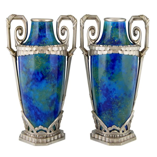 Pair Art Deco blue ceramic and bronze vases