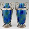 Paire Art Deco vases ceramique bleu et bronze
