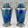 Pair Art Deco blue ceramic and bronze vases