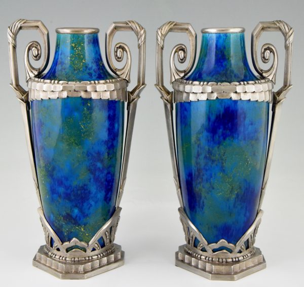 Pair Art Deco blue ceramic and bronze vases