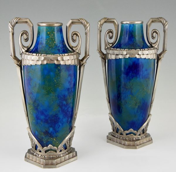 Pair Art Deco blue ceramic and bronze vases
