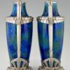 Pair Art Deco blue ceramic and bronze vases