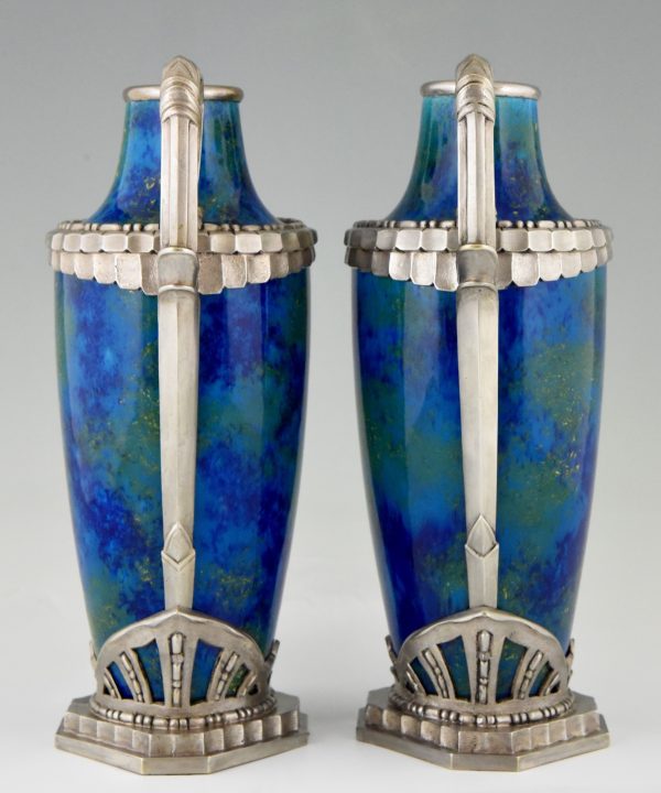 Pair Art Deco blue ceramic and bronze vases