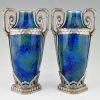 Pair Art Deco blue ceramic and bronze vases