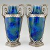 Pair Art Deco blue ceramic and bronze vases