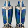 Pair Art Deco blue ceramic and bronze vases