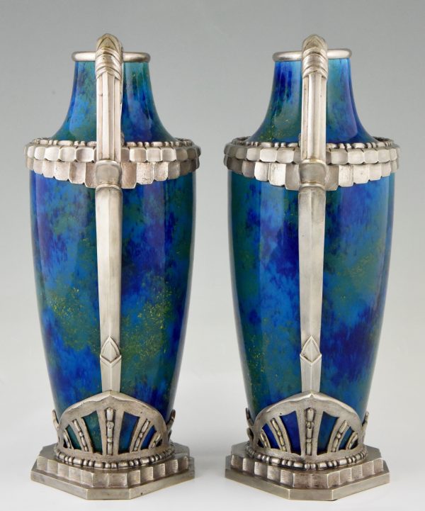 Paar Art Deco Vasen Blaue Keramik und Bronze