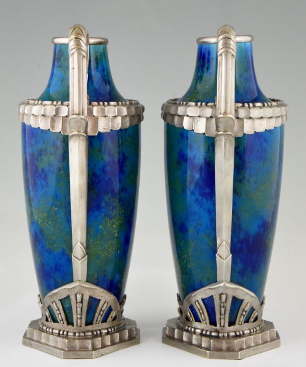 Pair Art Deco blue ceramic and bronze vases