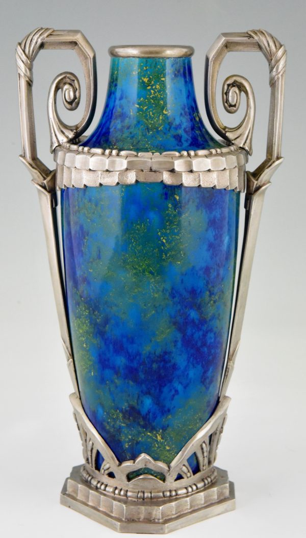 Paar Art Deco Vasen Blaue Keramik und Bronze