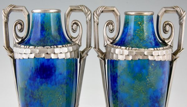 Pair Art Deco blue ceramic and bronze vases