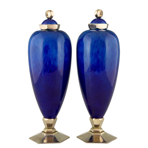 Paar blaue Deckel Vasen Art Deco Keramik