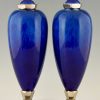 Paar blaue Deckel Vasen Art Deco Keramik