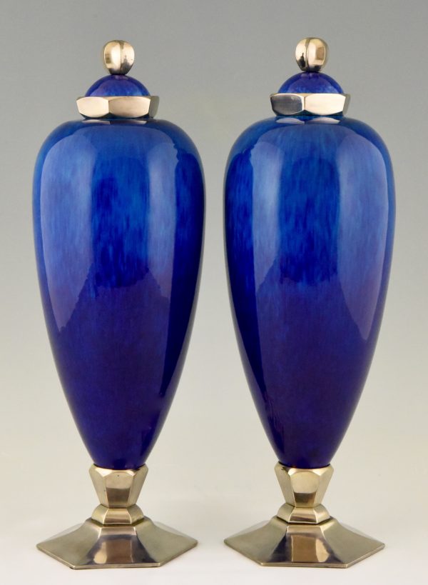 Pair Art Deco blue ceramic vases or urns