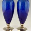 Pair Art Deco blue ceramic vases or urns