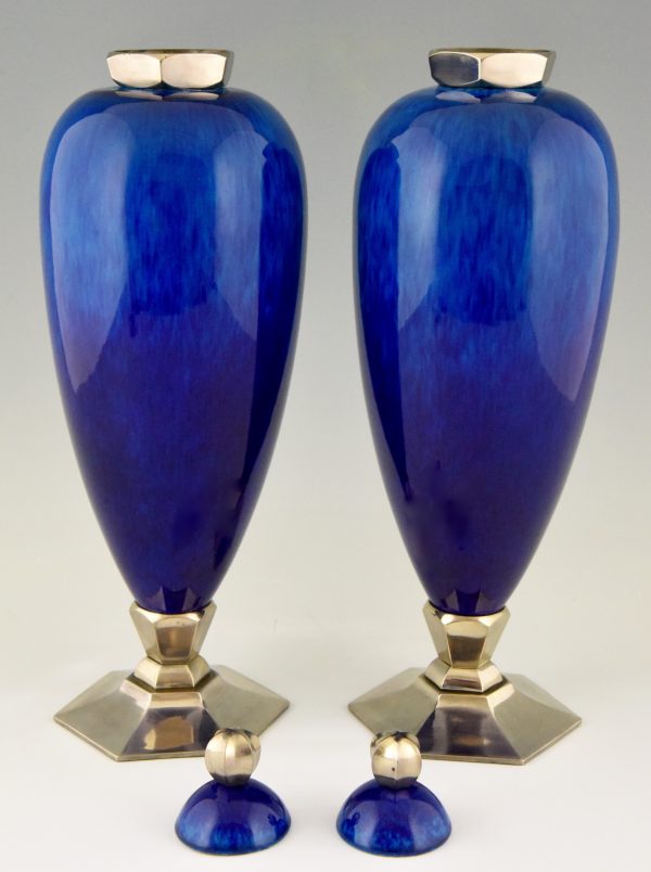 Pair Art Deco blue ceramic vases or urns
