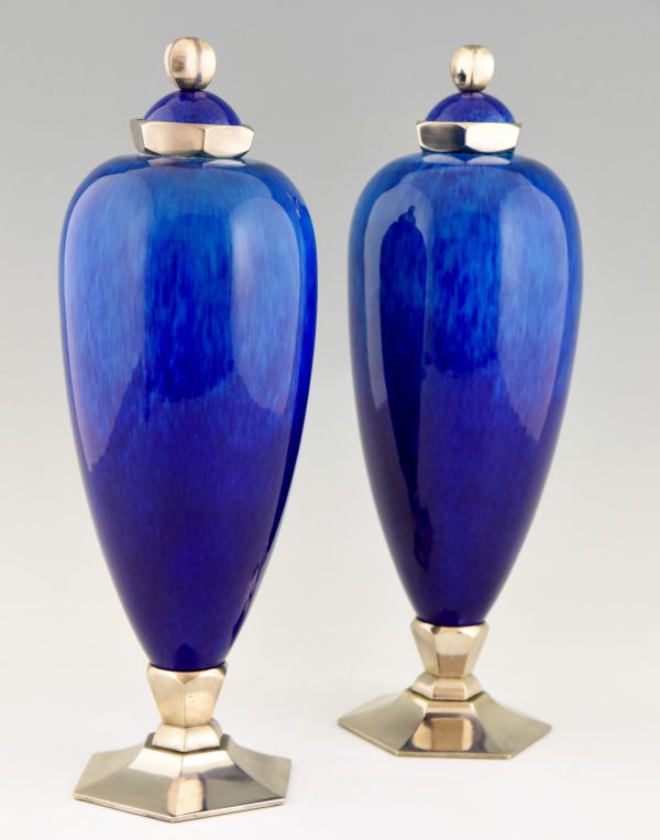 Pair Art Deco blue ceramic vases or urns