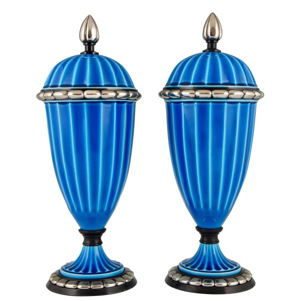 Pair Art Deco ceramic vases or urns with blue glaze