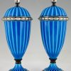 Pair Art Deco ceramic vases or urns with blue glaze