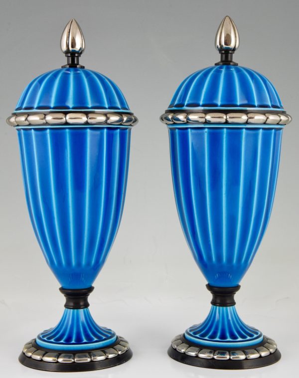 Pair Art Deco ceramic vases or urns with blue glaze