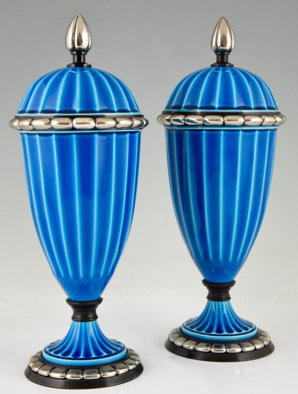 Pair Art Deco ceramic vases or urns with blue glaze