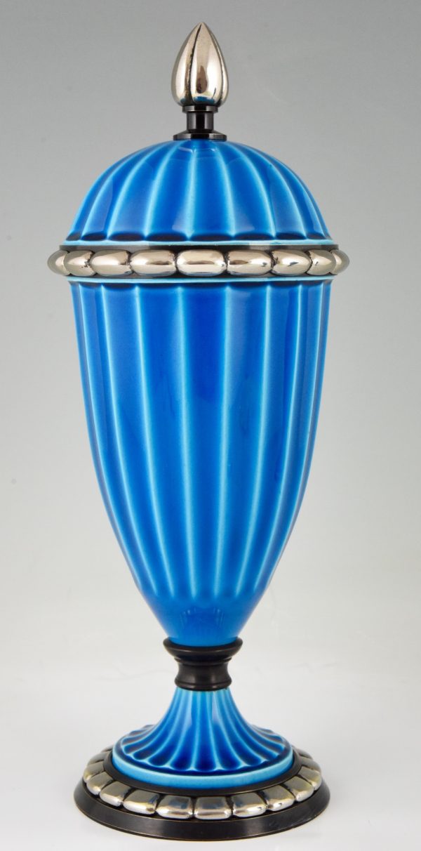 Pair Art Deco ceramic vases or urns with blue glaze