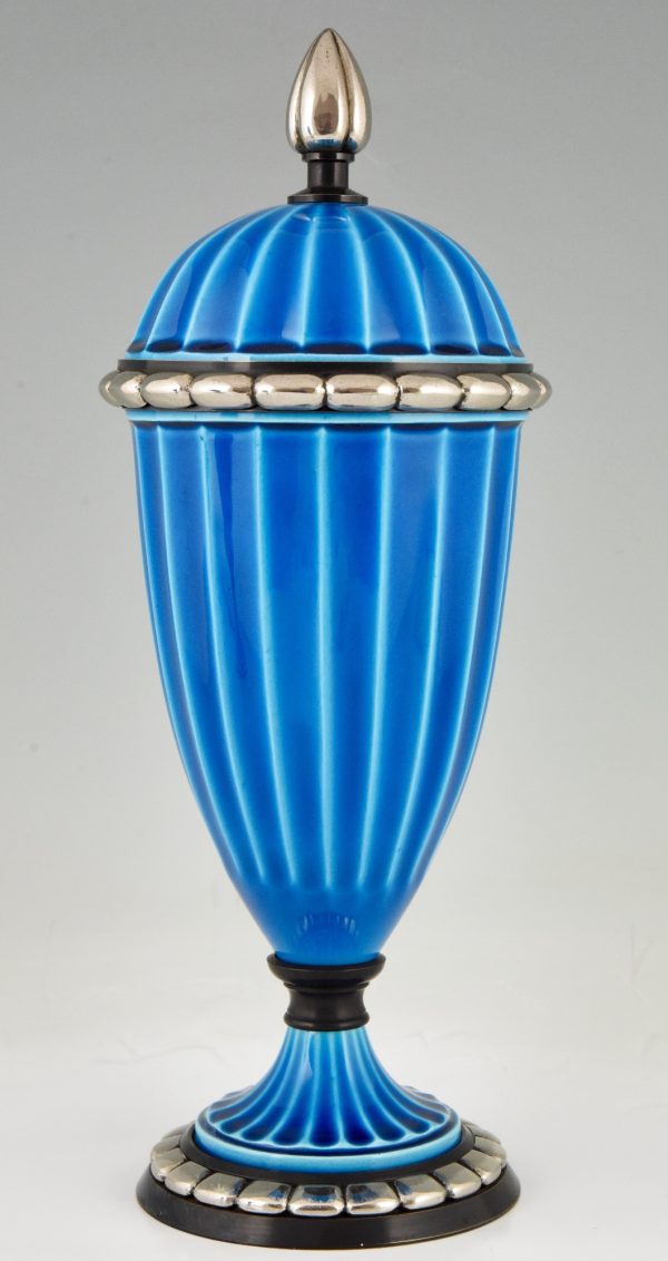 Pair Art Deco ceramic vases or urns with blue glaze