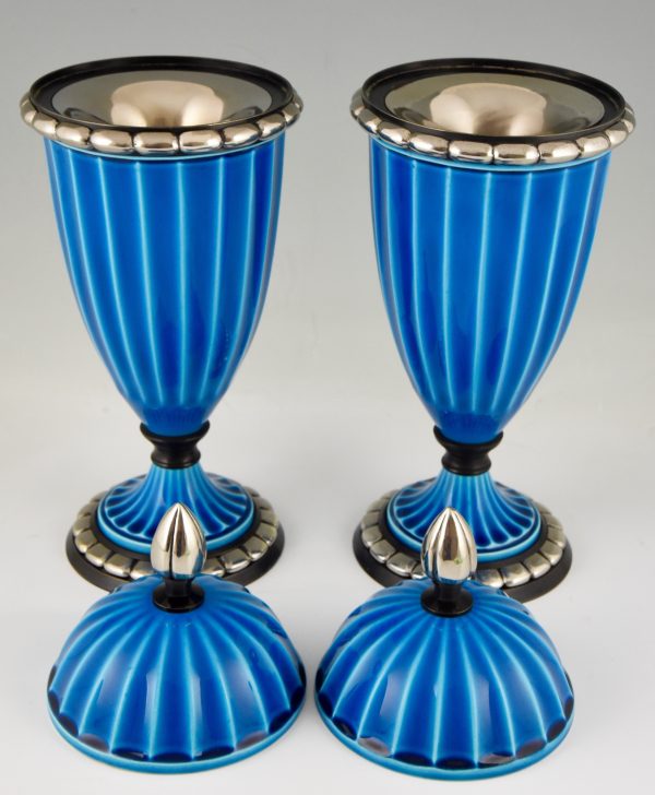 Pair Art Deco ceramic vases or urns with blue glaze