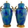 Pair of Art Deco blue ceramic and bronze vases